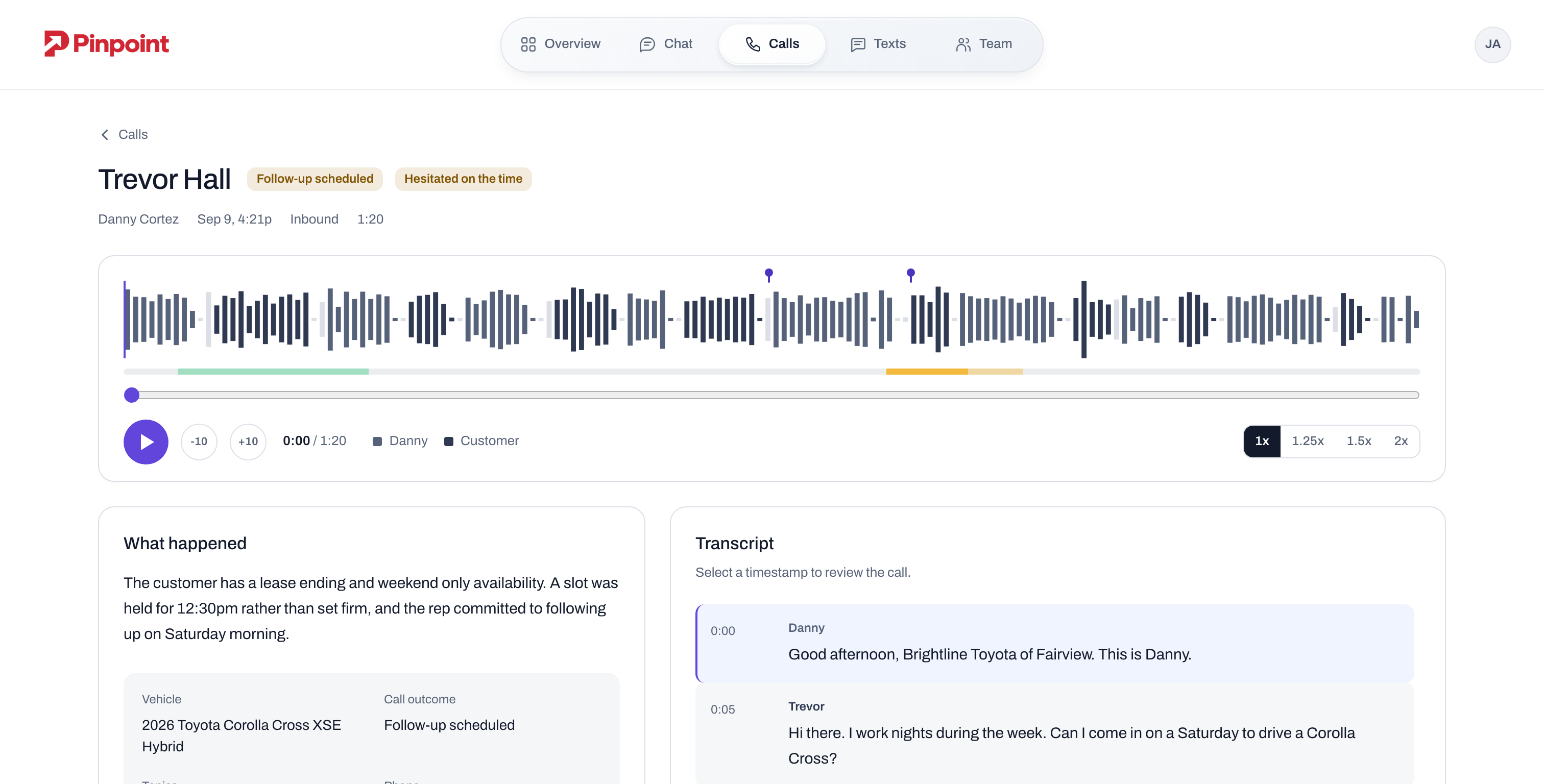 Pinpoint call detail for a synthetic test-drive call: the recording by speaker, the moments worth hearing and the transcript. All records are synthetic.