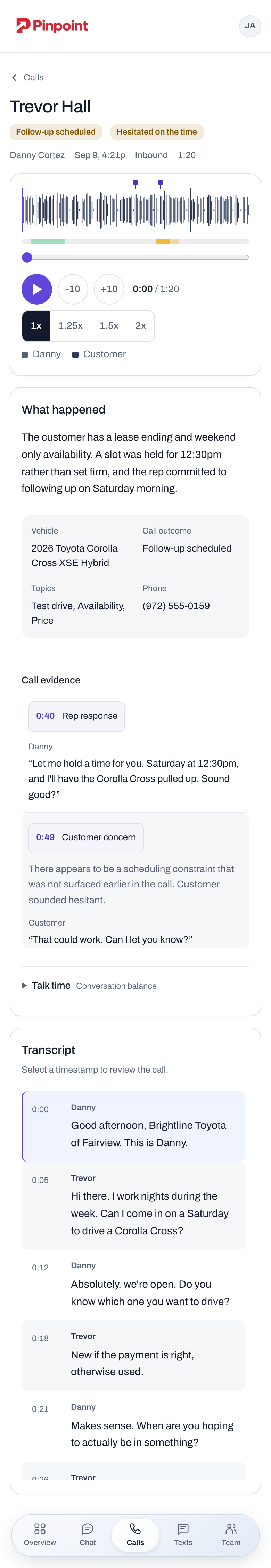 The same synthetic test-drive call on a phone: recording, moments and transcript.