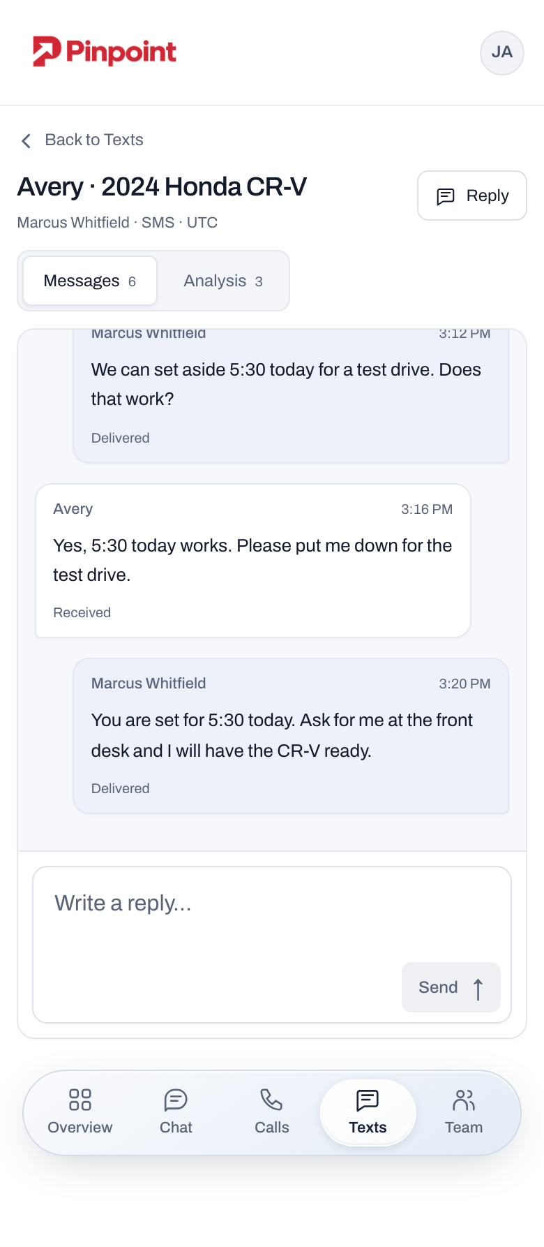A synthetic customer text thread reviewed in Pinpoint, with the next step still open.